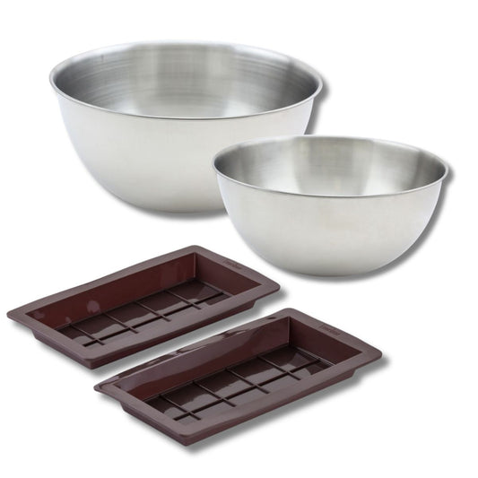 Ensemble comprenant 2 moules à chocolat, 1 spatule Zenker, 2 bols à mixer en inox Fackelmann