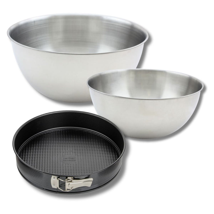Lot comprenant 1 Moule à manqué 24 cm, 1 spatule Zenker et 2 bols à mixer en inox Fackelmann