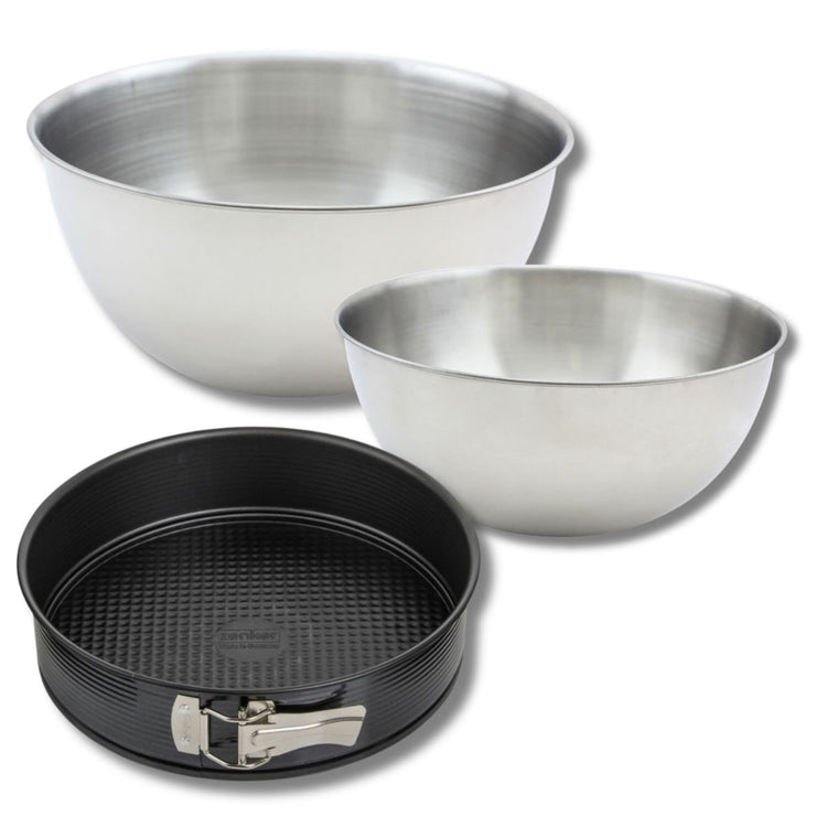 Ensemble comprenant 1 Moule à manqué 26 cm, 1 spatule Zenker et 2 bols à mixer en inox Fackelmann