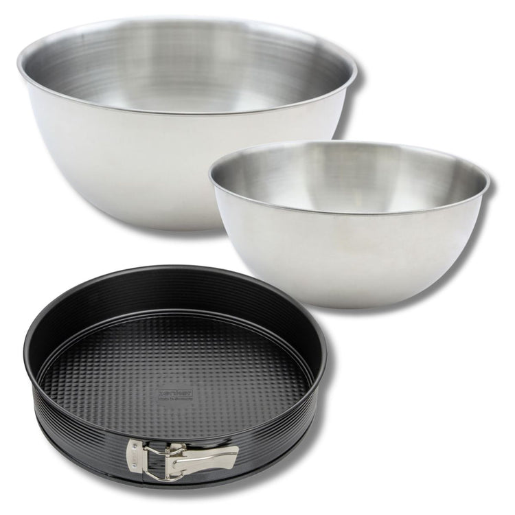 Lot comprenant 1 Moule à manqué 28 cm, 1 spatule Zenker et 2 bols à mixer en inox Fackelmann