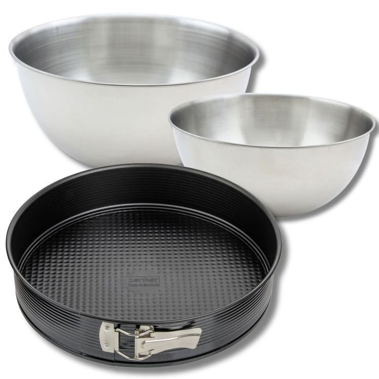 Lot comprenant 1 Moule à manqué 30 cm, 1 spatule Zenker et 2 bols à mixer en inox Fackelmann