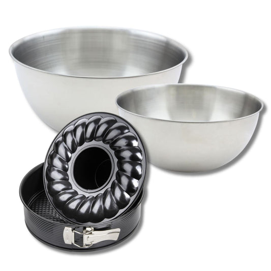 Lot comprenant 1 Moule à manqué et à savarin 24 cm, 1 spatule Zenker et 2 bols à mixer en inox Fackelmann