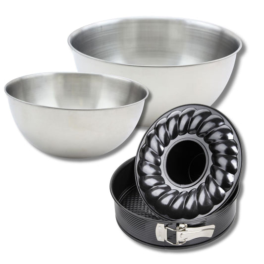 Lot comprenant 1 Moule à manqué et à savarin 26 cm, 1 spatule Zenker et 2 bols à mixer en inox Fackelmann