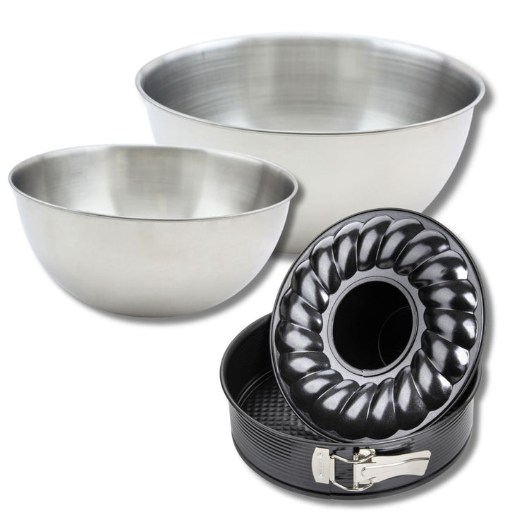 Lot comprenant 1 Moule à manqué et à savarin 26 cm, 1 spatule Zenker et 2 bols à mixer en inox Fackelmann