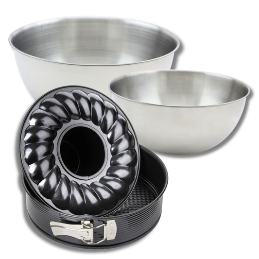 Set avec 1 Moule à manqué et à savarin 28 cm, 1 spatule Zenker et 2 bols à mixer en inox Fackelmann