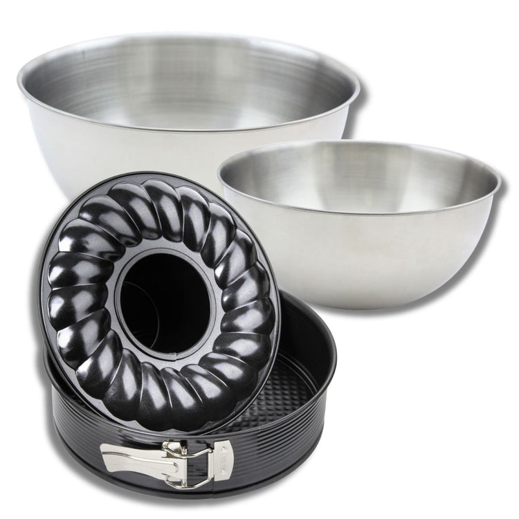 Set avec 1 Moule à manqué et à savarin 28 cm, 1 spatule Zenker et 2 bols à mixer en inox Fackelmann