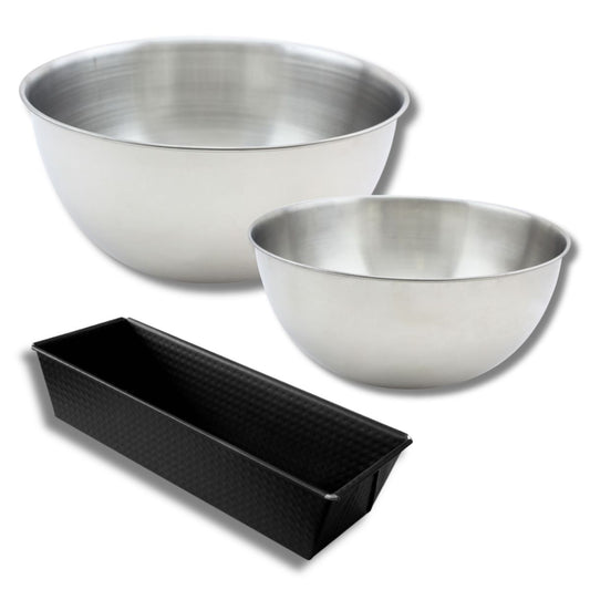 Ensemble avec 1 Moule à Cake 25,5cm, 1 spatule Zenker et 2 bols à mixer en inox Fackelmann