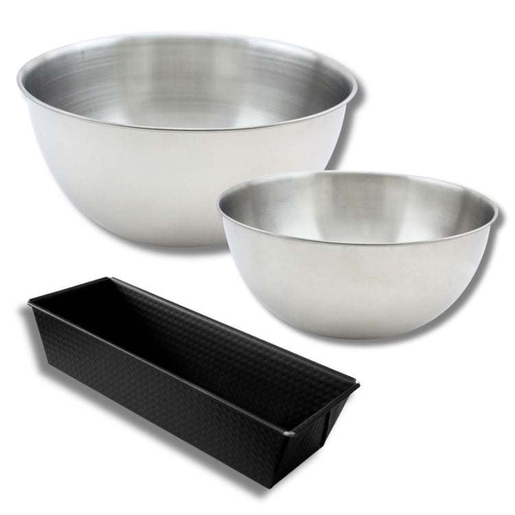 Ensemble avec 1 Moule à Cake 25,5cm, 1 spatule Zenker et 2 bols à mixer en inox Fackelmann