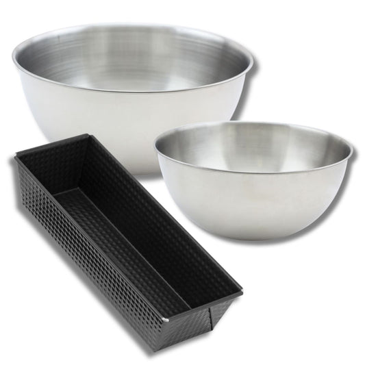 Lot de pâtisserie avec 1 Moule à Cake 30,5 cm, 1 spatule Zenker et 2 bols à mixer en inox Fackelmann