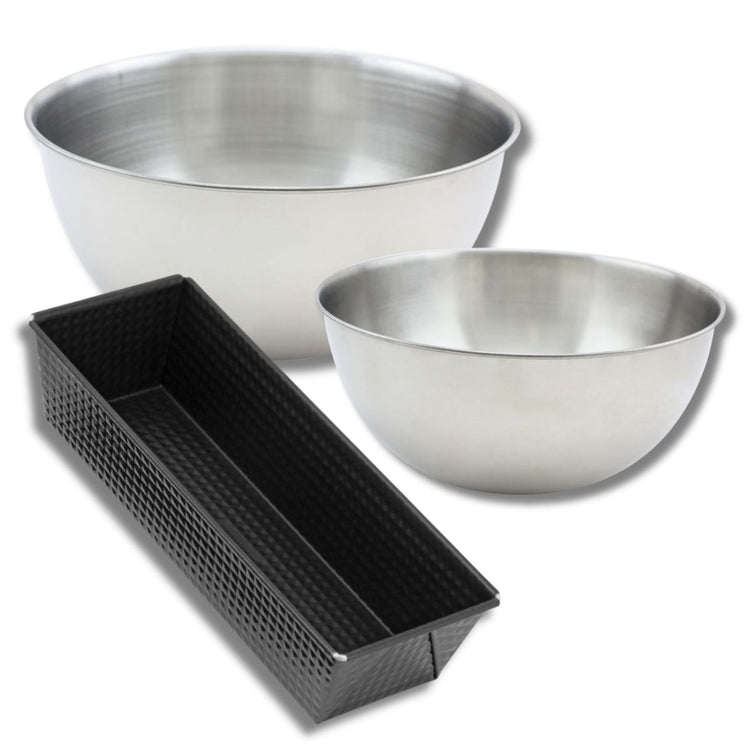 Lot de pâtisserie avec 1 Moule à Cake 30,5 cm, 1 spatule Zenker et 2 bols à mixer en inox Fackelmann