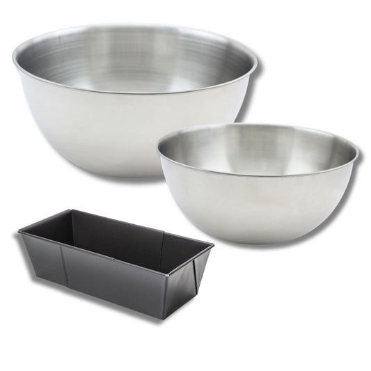 Lot avec 1 moule à cake de 20 à 35 cm, 1 spatule Zenker et 2 bols à mixer en inox Fackelmann