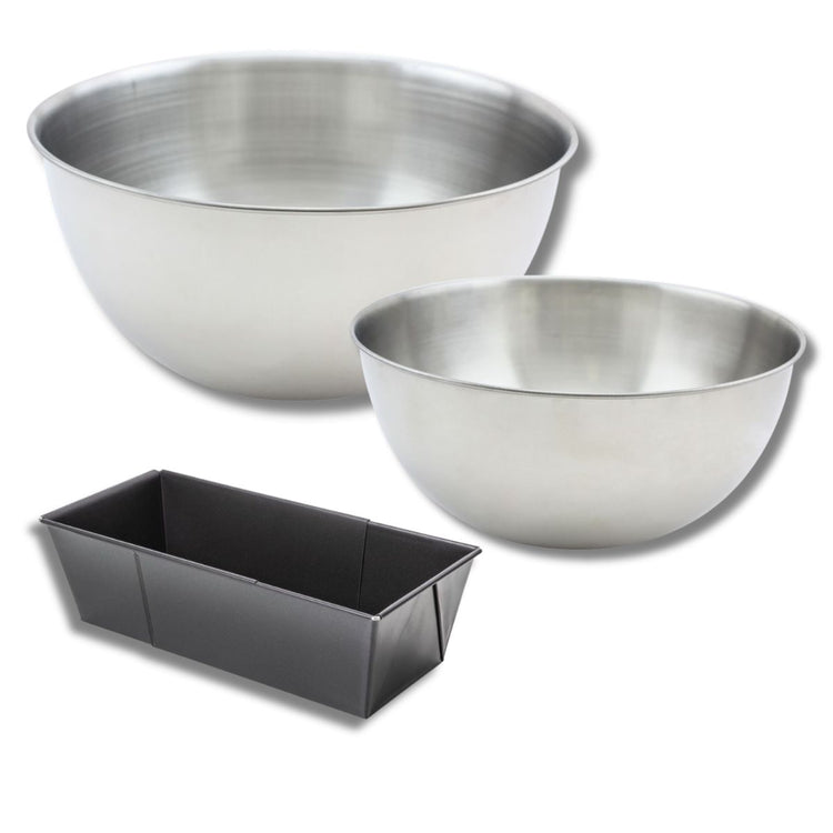 Lot avec 1 moule à cake de 20 à 35 cm, 1 spatule Zenker et 2 bols à mixer en inox Fackelmann