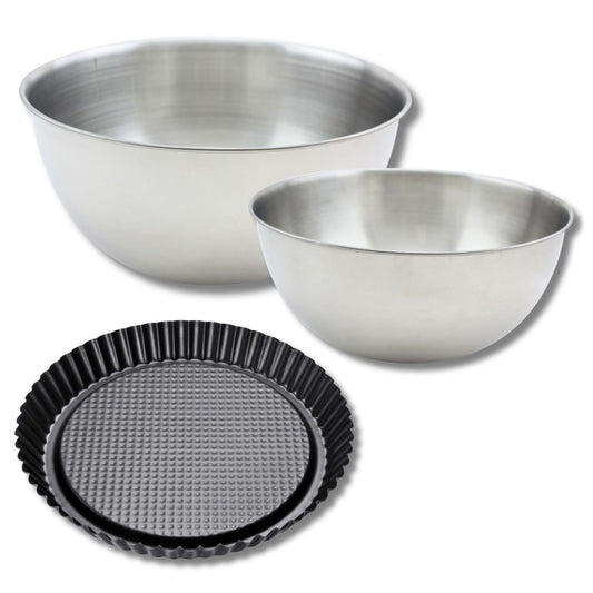 Lot avec 1 moule à tarte renversée 28 cm, 1 spatule Zenker et 2 bols à mixer en inox Fackelmann