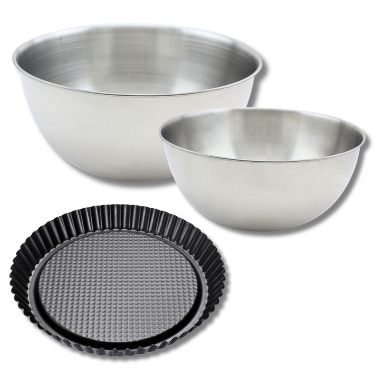 Lot avec 1 moule à tarte renversée 28 cm, 1 spatule Zenker et 2 bols à mixer en inox Fackelmann