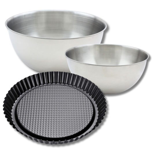 Ensemble comprenant 1 moule à tarte renversée 30 cm, 1 spatule Zenker et 2 bols à mixer en inox Fackelmann