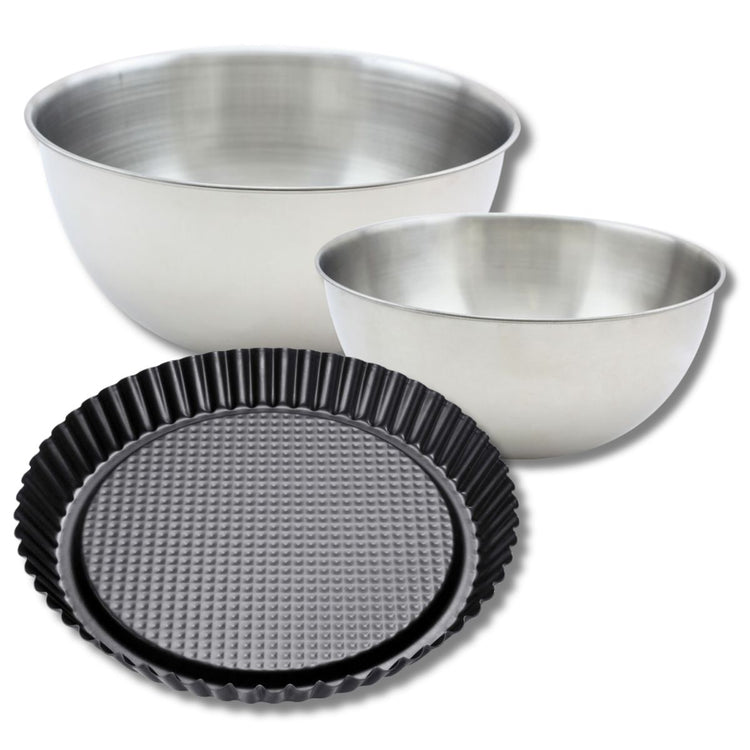 Ensemble comprenant 1 moule à tarte renversée 30 cm, 1 spatule Zenker et 2 bols à mixer en inox Fackelmann