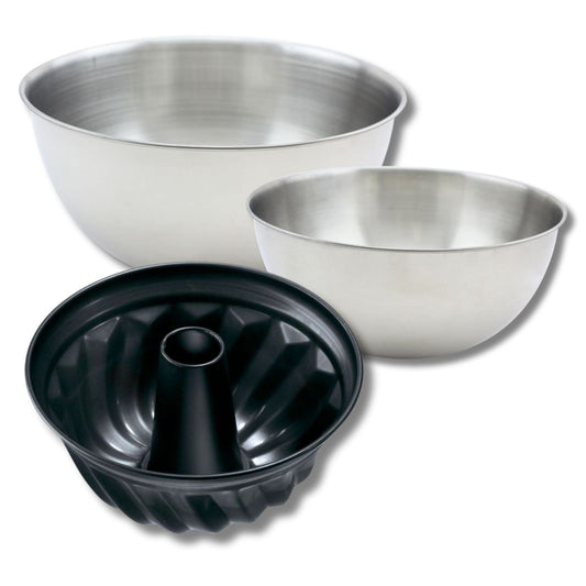 Lot comprenant avec 1 moule à kouglof 25 cm, 1 spatule Zenker et 2 bols à mixer en inox Fackelmann