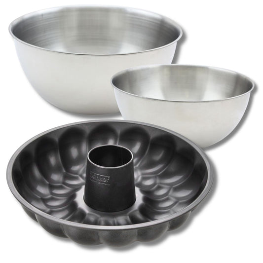 Lot avec 1 moule à pain cheminée, 1 spatule Zenker et 2 bols à mixer en inox Fackelmann