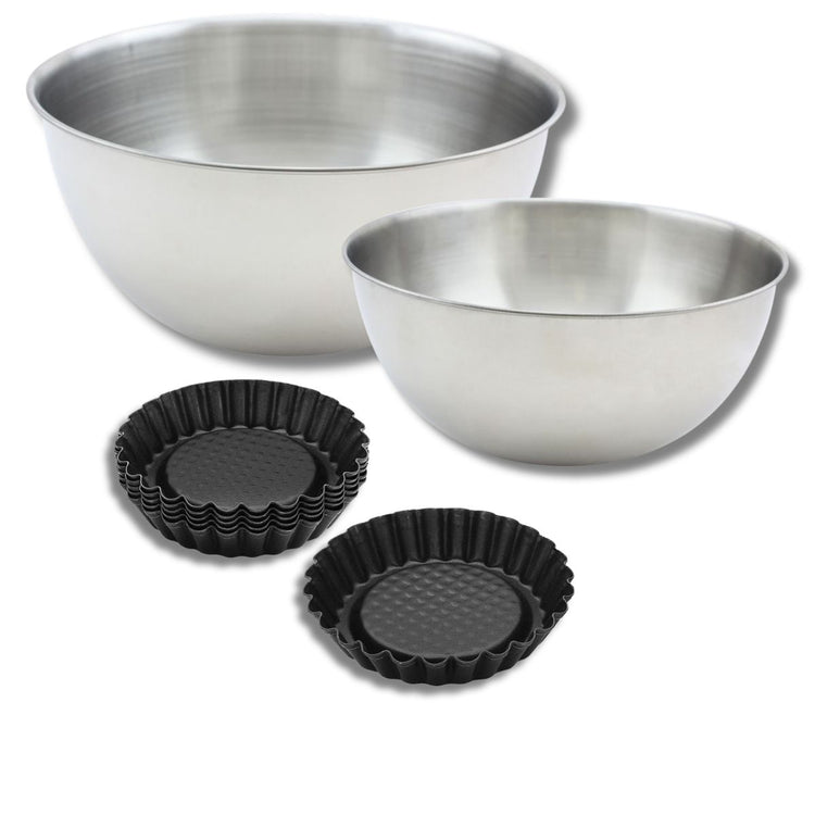 Ensemble avec 1 Lot de 6 moules à tartelettes, 1 spatule Zenker et 2 bols à mixer en inox Fackelmann