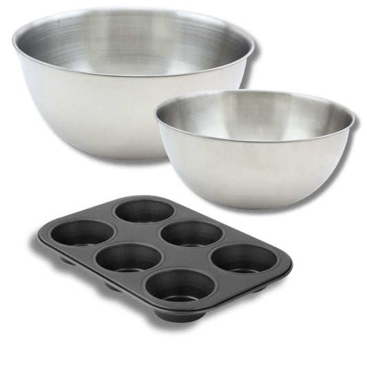 Lot comprenant 1 Moule à Muffins 6 empreintes, 1 spatule Zenker et 2 bols à mixer en inox Fackelmann