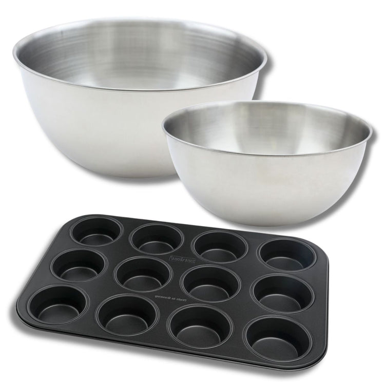 Lot comprenant 1 Moule à Muffins 12 empreintes, 1 spatule Zenker et 2 bols à mixer en inox Fackelmann