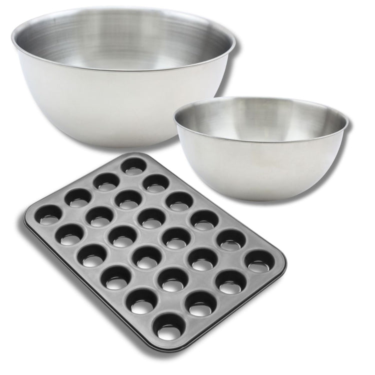 Ensemble comprenant 1 moule muffin 24 empreintes, 1 spatule Zenker et 2 bols à mixer en inox Fackelmann