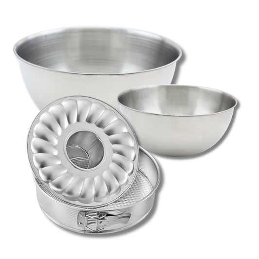 Set de pâtisserie avec 1 Moule à manqué et savarin à charnière 26 cm, 1 spatule Zenker et 2 bols à mixer en inox Fackelmann