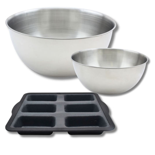 Lot comprenant 1 Moule à financier en silicone fibre de verre, 1 spatule Zenker et 2 bols à mixer en inox Fackelmann