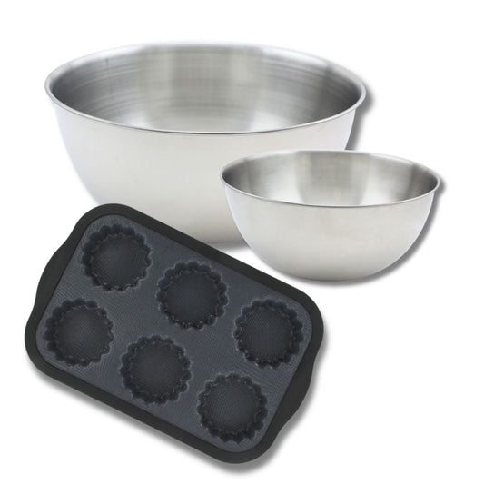 Lot avec 1 Moule 6 tartelettes en fibre de verre, 1 spatule Zenker et 2 bols à mixer en inox Fackelmann