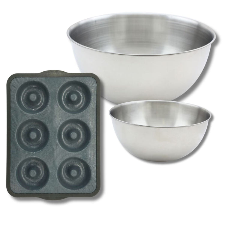 Lot avec 1 Moule 6 donuts en fibre de verre, 1 spatule Zenker et 2 bols à mixer en inox Fackelmann