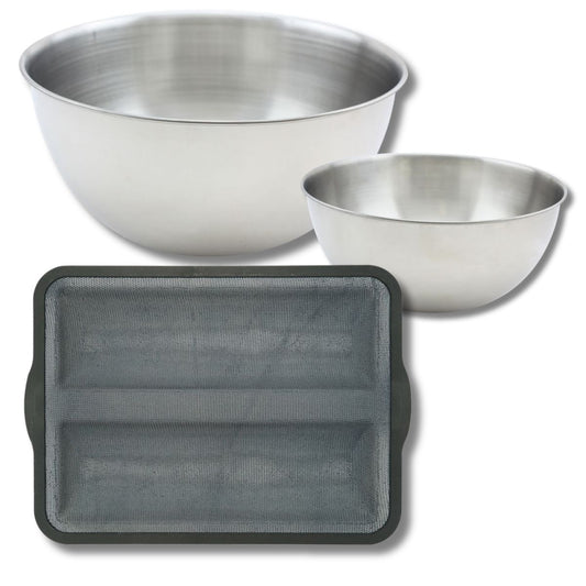 Lot avec 1 Moule à baguette en silicone fibre de verre, 1 spatule Zenker et 2 bols à mixer en inox Fackelmann