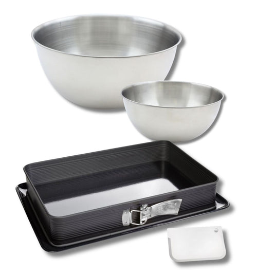 Set à pâtisserie avec 1 Moule à gâteaux rectangulaire à charnière, 1 spatule Zenker et 2 bols à mixer en inox Fackelmann