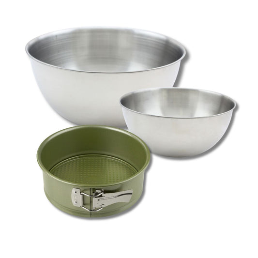 Ensemble avec 1 Moule à manqué à charnière 20 cm, 1 spatule Zenker et 2 bols à mixer en inox Fackelmann