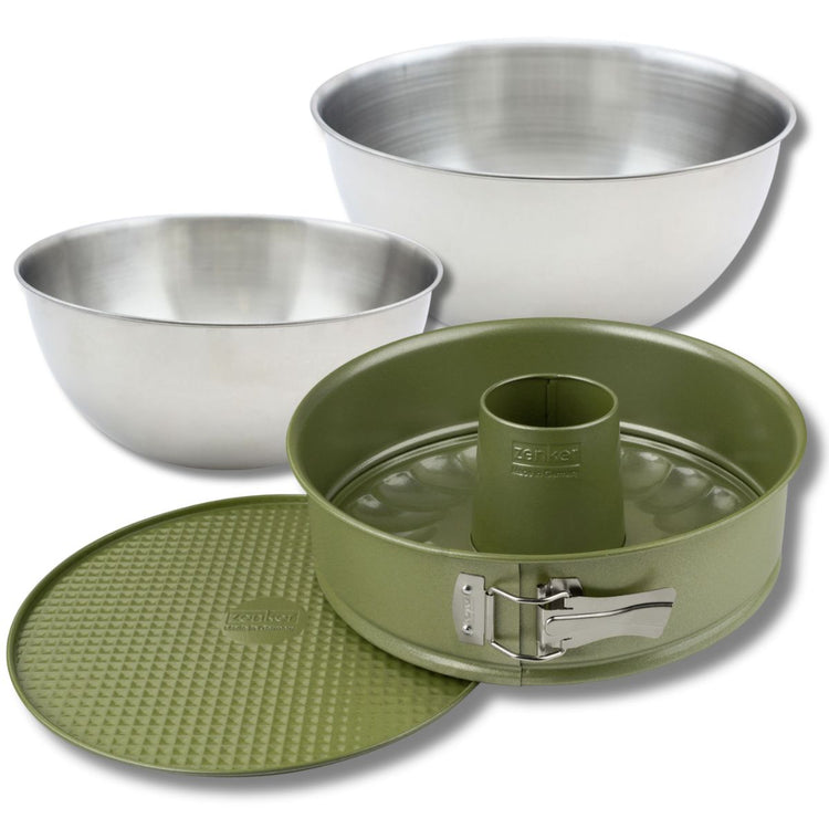 Set pâtisserie avec moule à manqué et à savarin 26 cm, 2 bols à mixer et spatule Zenker