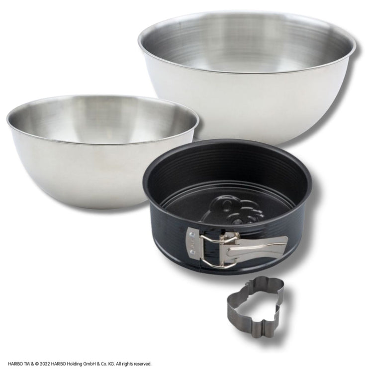 Set pâtisserie avec mini moule à manqué 18 cm à charnière et emporte-pièce motif ourson, 2 bols à mixer et spatule Zenker