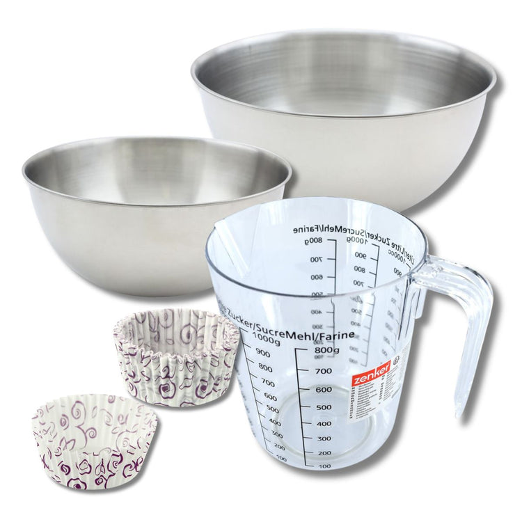 Set pâtisserie avec 50 moules à muffins en papier, 2 bols à mixer, verre mesureur et spatule Zenker