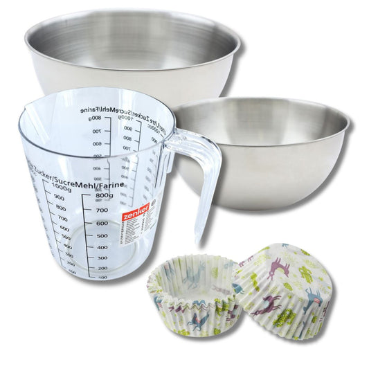 Set pâtisserie avec 50 moules à muffins lama en papier, 2 bols à mixer, verre mesureur et spatule Zenker