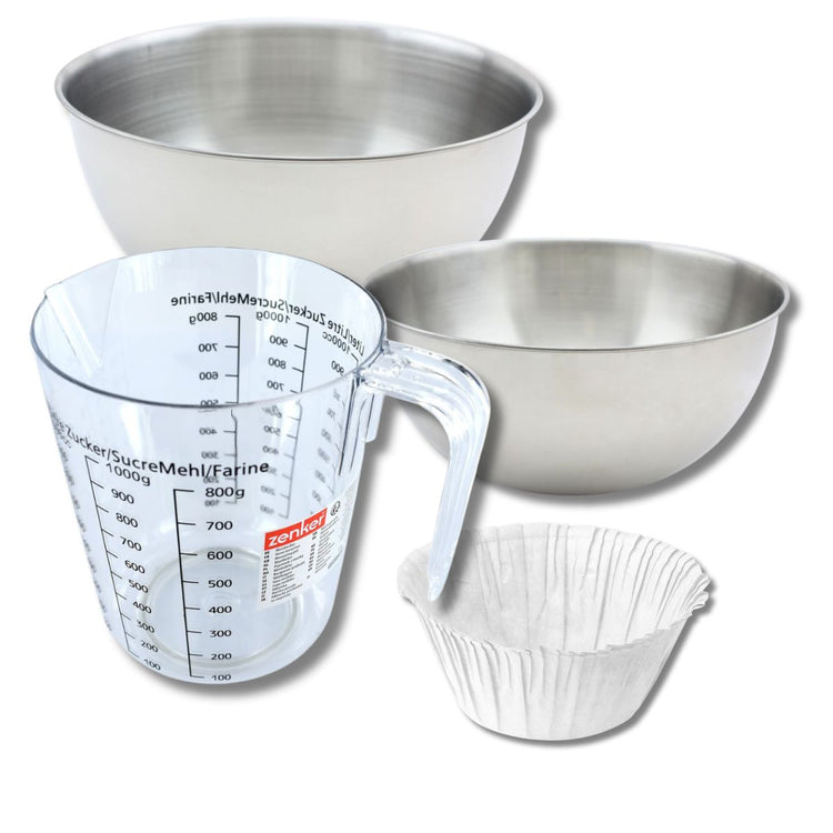 Set pâtisserie avec 30 moules à muffins en papier, 2 bols à mixer, verre mesureur et spatule Zenker