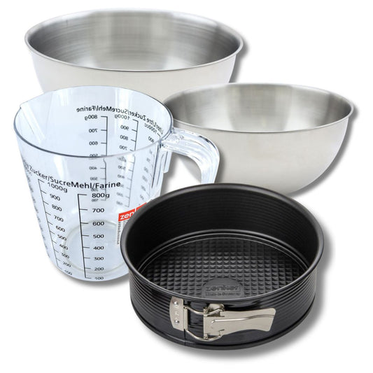 Set pâtisserie avec moule à manqué 20 cm, 2 bols à mixer, verre mesureur et spatule Zenker