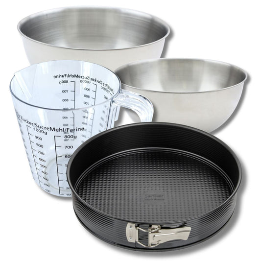 Set pâtisserie avec moule à manqué de 28 cm, 2 bols à mixer, verre mesureur et spatule Zenker