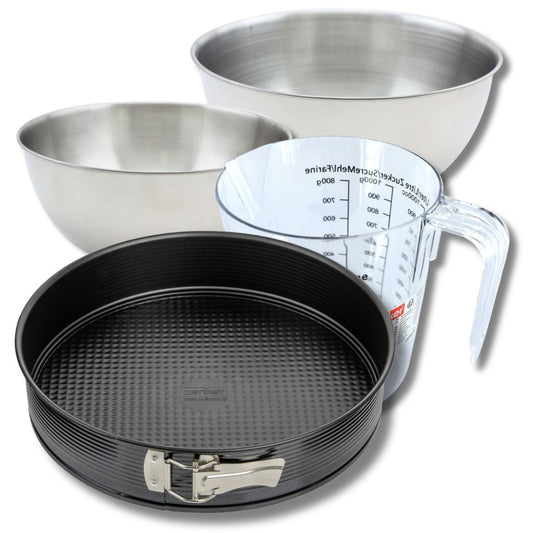 Set pâtisserie avec moule à manqué 30 cm, 2 bols à mixer, verre mesureur et spatule Zenker