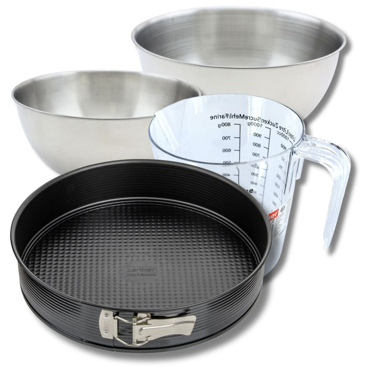 Set pâtisserie avec moule à manqué 30 cm, 2 bols à mixer, verre mesureur et spatule Zenker