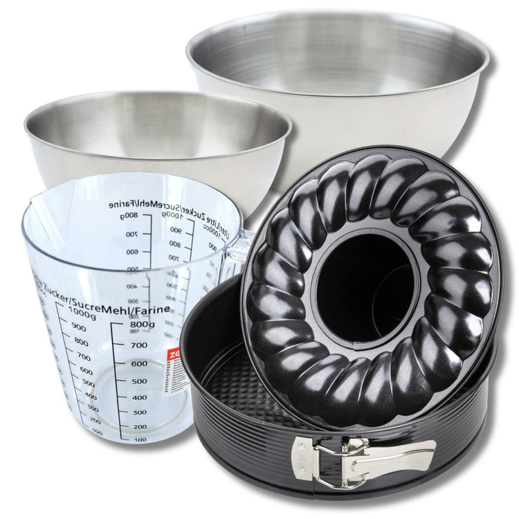 Set pâtisserie avec moule à manqué et à savarin 26 cm, 2 bols à mixer, verre mesureur et spatule Zenker