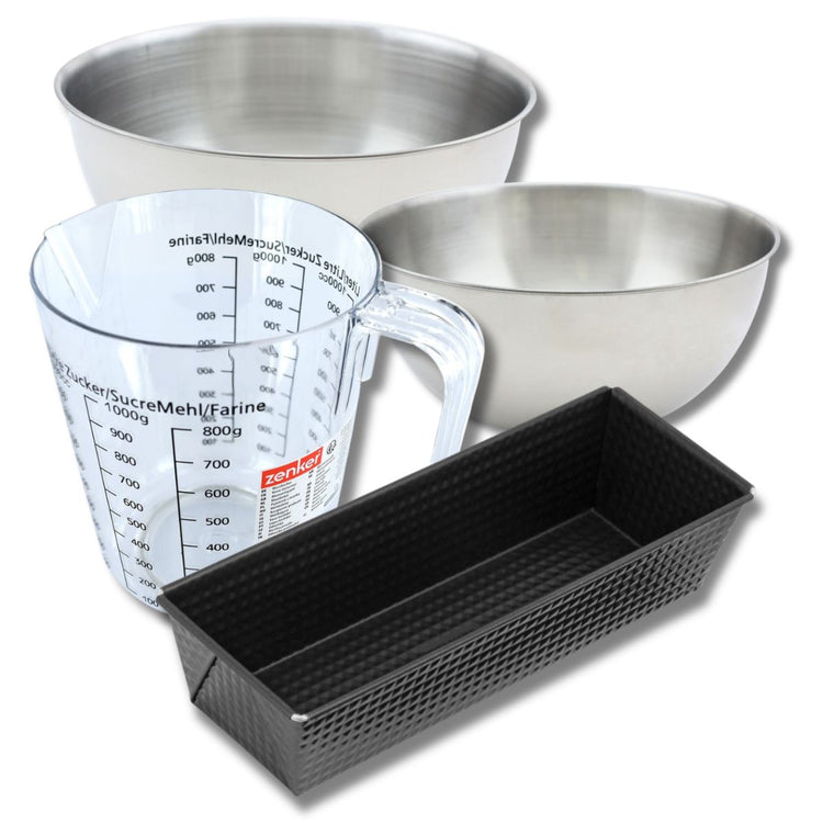 Set pâtisserie avec moule à cake 30,5 cm, 2 bols à mixer, verre mesureur et spatule Zenker