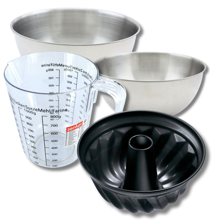 Set pâtisserie avec moule à kouglof 22 cm, 2 bols à mixer, verre mesureur et spatule Zenker