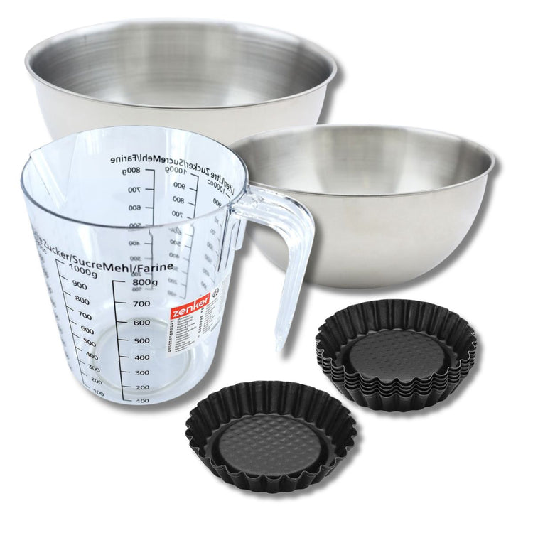 Set pâtisserie avec 6 moules à tartelettes renversées 10 cm, 2 bols à mixer, verre mesureur et spatule Zenker