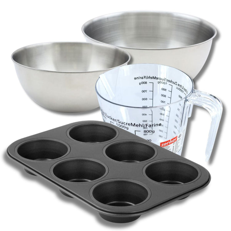 Set pâtisserie avec moule à muffins 6 empreintes 28 cm, 2 bols à mixer, verre mesureur et spatule Zenker