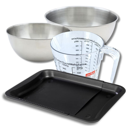 Set pâtisserie avec plaque de four extensible de 35-52 cm, 2 bols à mixer, verre mesureur et spatule Zenker