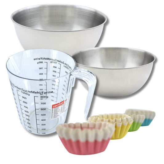 Set pâtisserie avec 100 moules à muffins en papier, 2 bols à mixer, verre mesureur et spatule Zenker