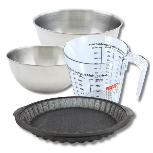 Set pâtisserie avec moule à tarte 25 cm en silicone, 2 bols à mixer, verre mesureur et spatule Zenker
